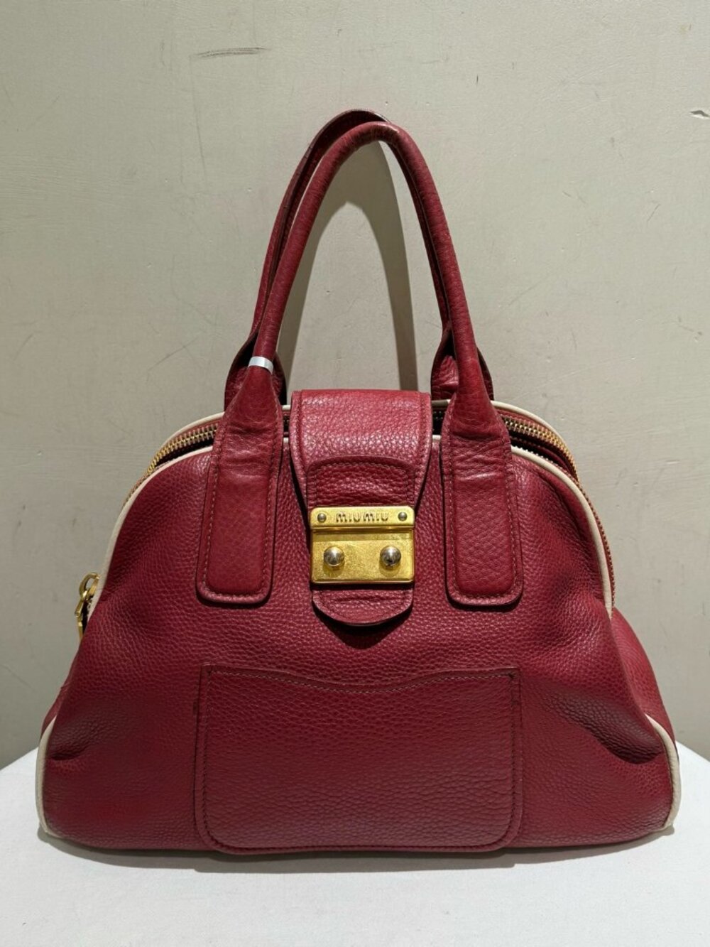 Miu Miu Vitello Caribu Madras Vintage Lock Shell Leather Handbag